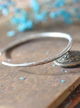 泰国清迈进口手工纯银开口刻花手镯 银饰开口可调节民族风镯子