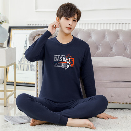 青少年纯棉秋衣秋裤男孩内衣套装中大童全棉初高中学生保暖棉毛衫 - 图1