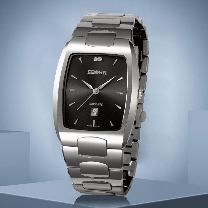 EBOHR依波手表酒桶型手表男钨钢表带瑞士石英机芯防水男表8037