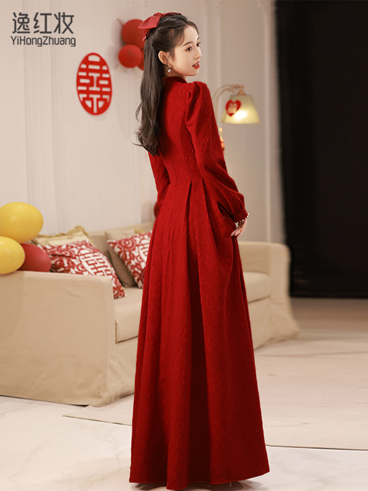 中式敬酒服新娘2023新款酒红色结婚旗袍冬季宴会气质订婚晚礼服女