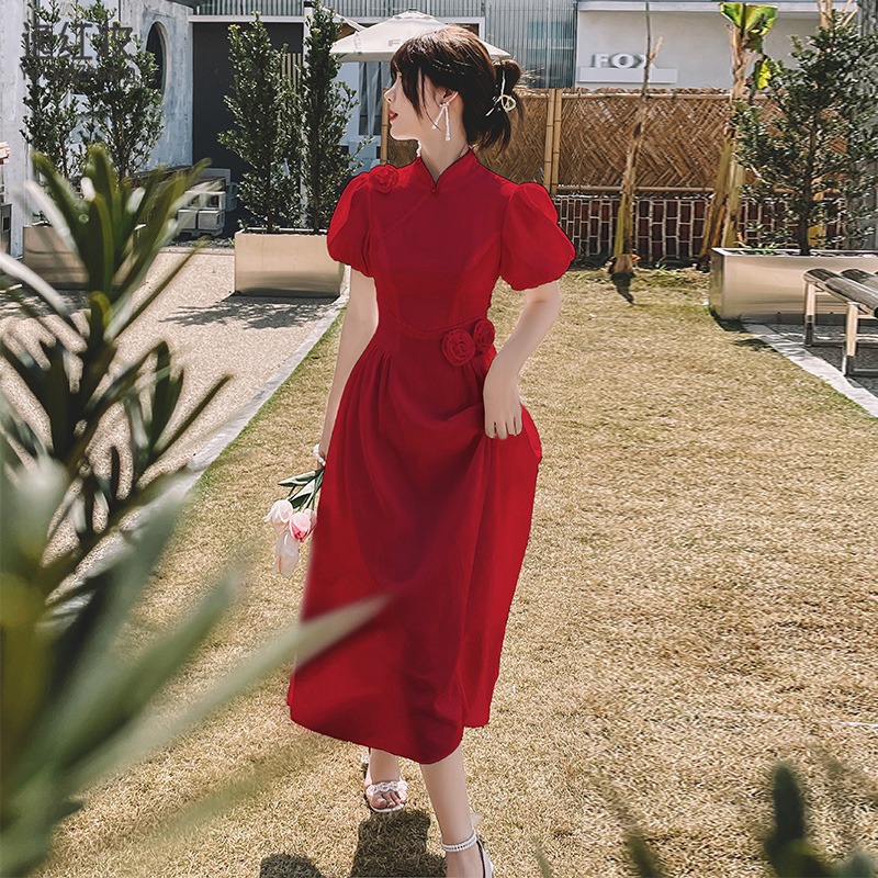 中式新娘酒红色高级感2022订婚礼服 逸红妆礼服/晚装