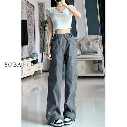 美式灰色直筒工装裤女秋季新款大码胖mm宽松显瘦梨形身材休闲裤子