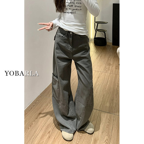 灰色阔腿工装裤女春季新款胖mm大码宽松梨型身材显瘦直筒牛仔裤子 - 图2