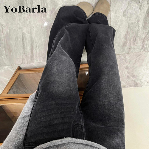 黑灰色阔腿牛仔裤女春季新款大码胖mm宽松显瘦梨形身材垂感直筒裤 - 图3