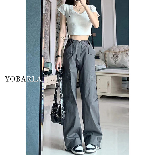 美式灰色直筒工装裤女秋季新款大码胖mm宽松显瘦梨形身材休闲裤子