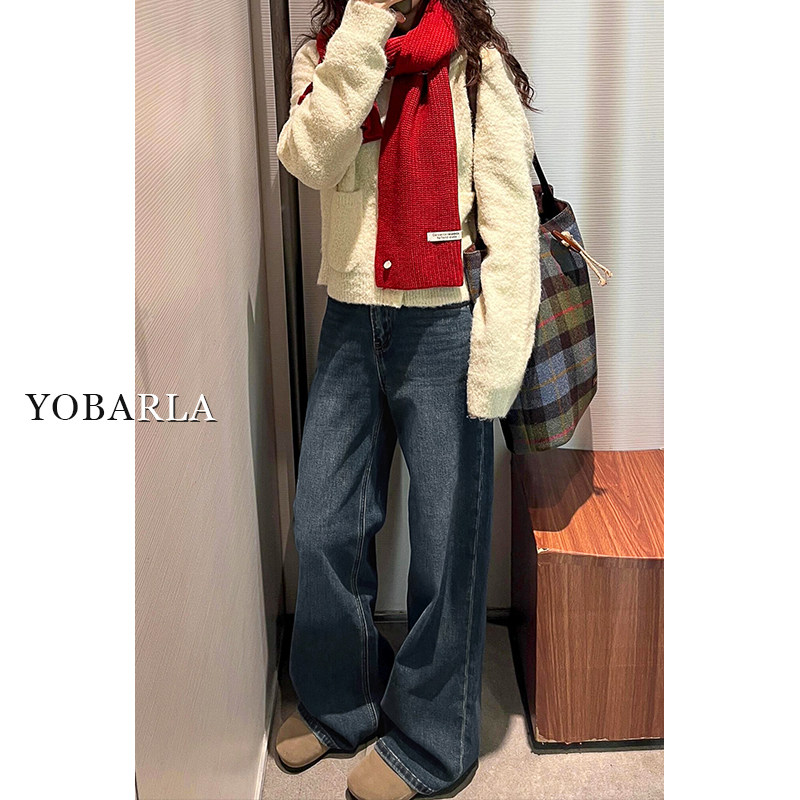 蓝灰色高腰直筒牛仔裤女冬季加绒梨形身材大码胖mm宽松显瘦阔腿裤,淘宝优惠券,粉丝福利购,淘宝优惠卷