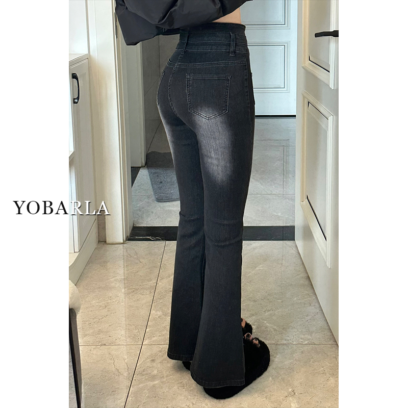 黑灰色高腰微喇牛仔裤女秋冬加绒加厚大码胖mm弹力显瘦喇叭马蹄裤 - 图1