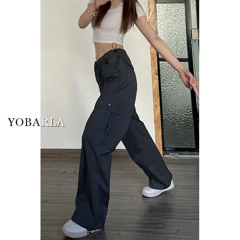 美式深灰色直筒工装裤女秋冬加厚高腰大码胖mm宽松显瘦阔腿休闲裤