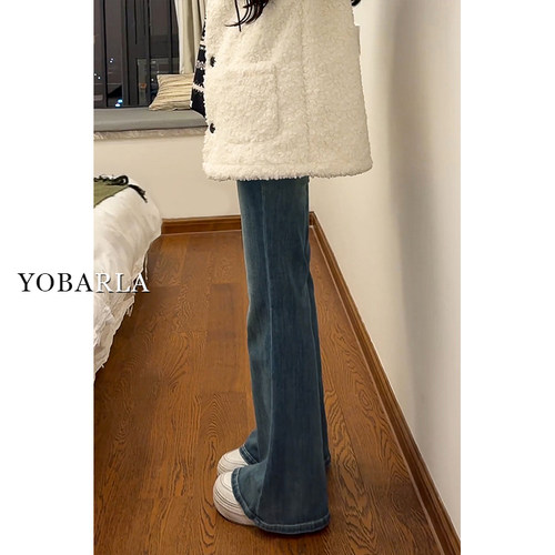 复古高腰微喇牛仔裤女春季新款胖mm弹力大码遮肉显瘦喇叭马蹄裤子 - 图3