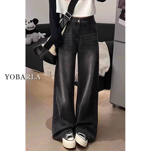 黑灰色直筒牛仔裤女春季新款大码胖mm宽松显瘦梨形身材高腰阔腿裤 - 图3