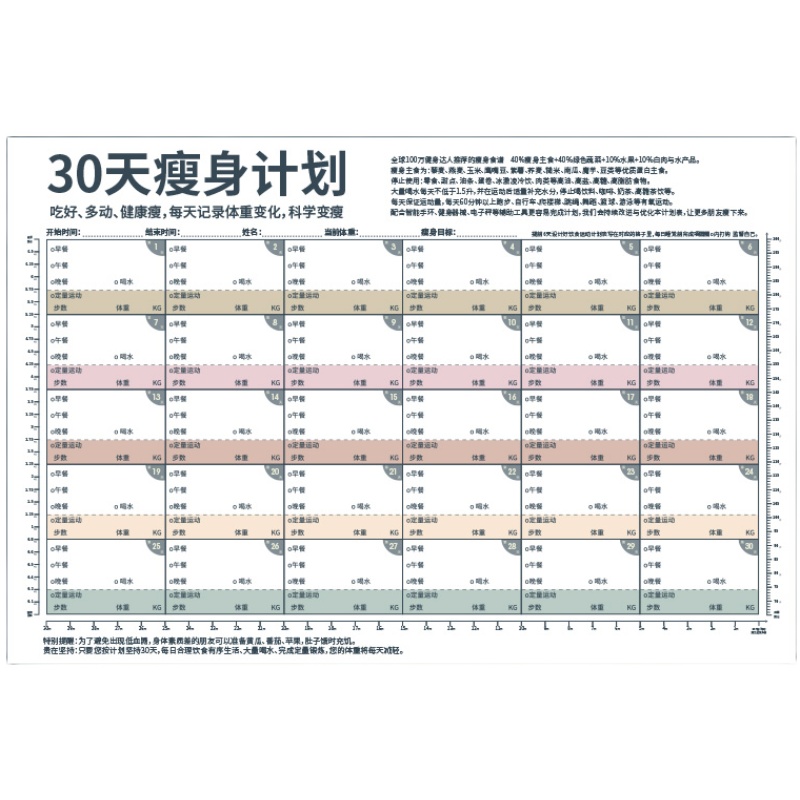 100天减计划表墙贴30天打卡自律表体重记录本运动健身创意计划 - 图3