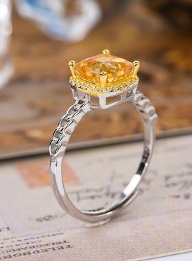 宇彩新品925银镶天然黄水晶戒指链条款豪华正方形可调节活圈包邮