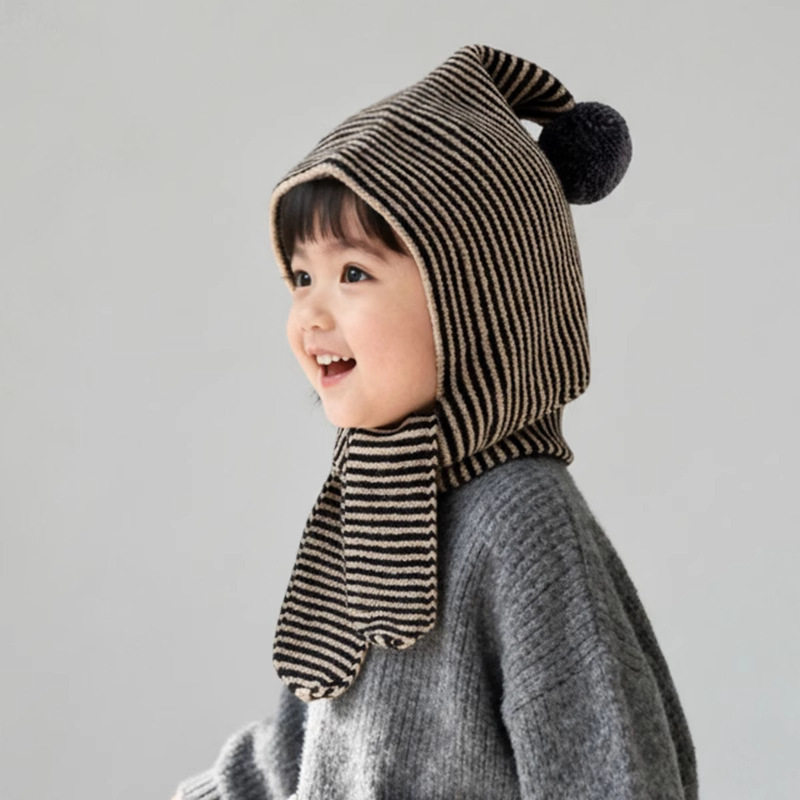 儿童帽子条纹围巾一体冬季针织护耳帽女孩百搭洋气防寒保暖包头帽,淘宝优惠券,粉丝福利购,淘宝优惠卷