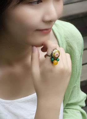 民族风景泰蓝玛瑙花朵装饰品戒指