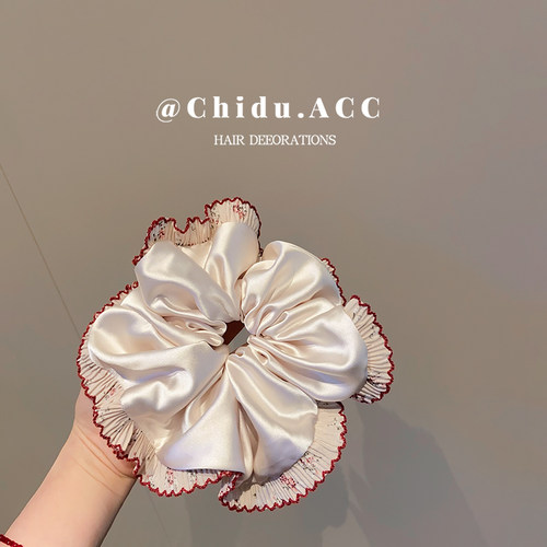 高级感缎面荷叶边加大号大肠发圈女韩系扎头发丸子头皮筋发绳头绳 - 图0