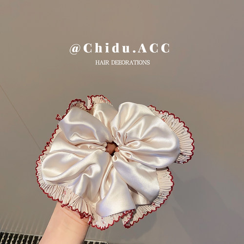 高级感缎面荷叶边加大号大肠发圈女韩系扎头发丸子头皮筋发绳头绳 - 图1