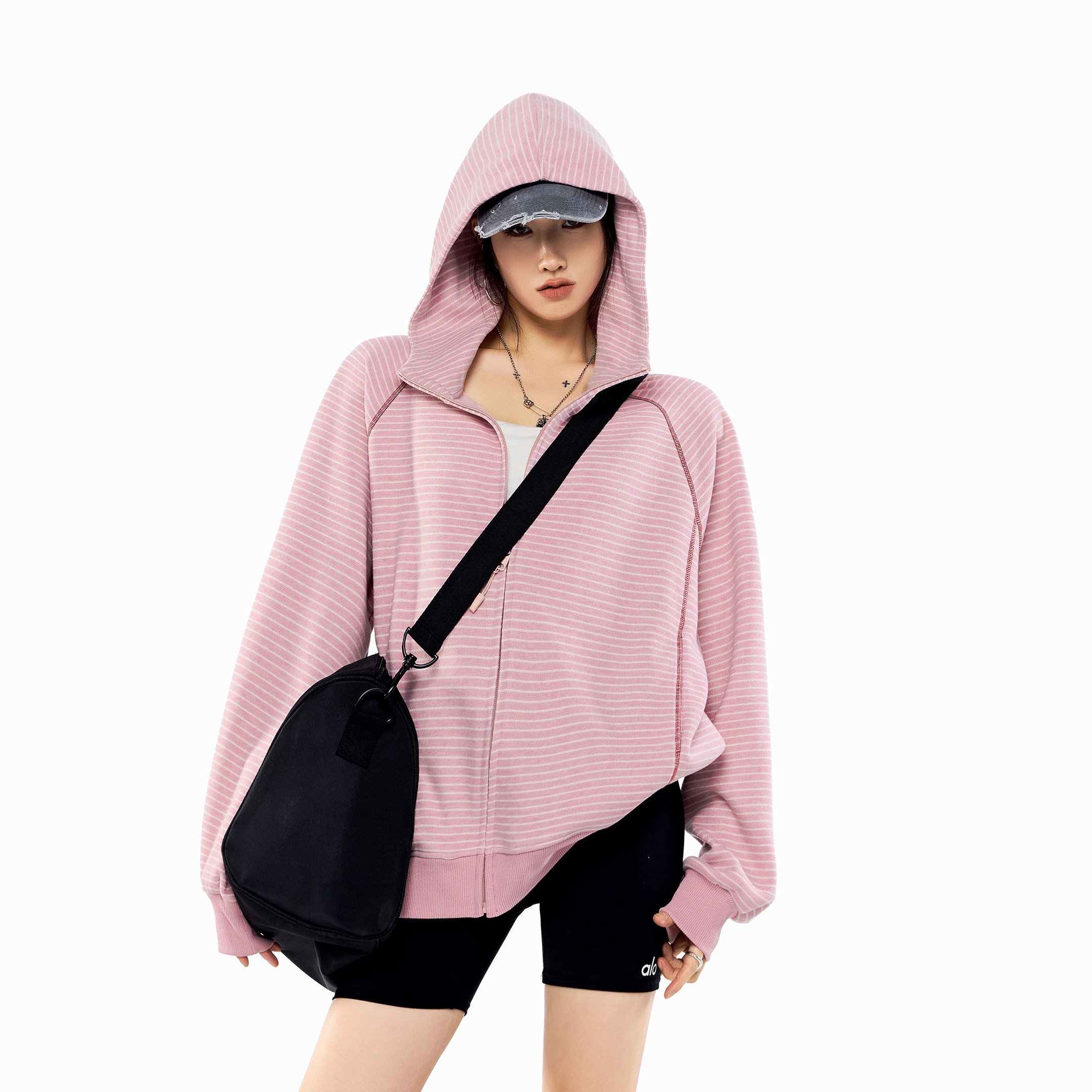 ICHMODE 美式条纹哈苏线连帽卫衣女2026春季新款运动外套开衫上衣 - 图1