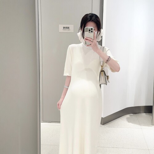 HAIDE妈咪孕妇装半高领短袖法式气质高级感显瘦中长孕妇裙连衣裙 - 图2