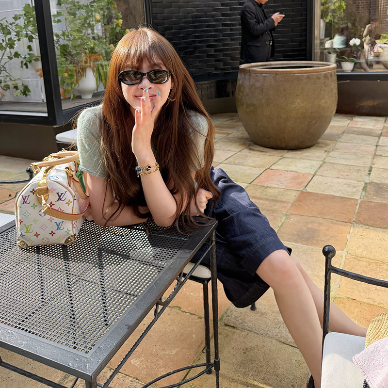 Dark blue drawstring denim midi pants women's loose slimming shorts