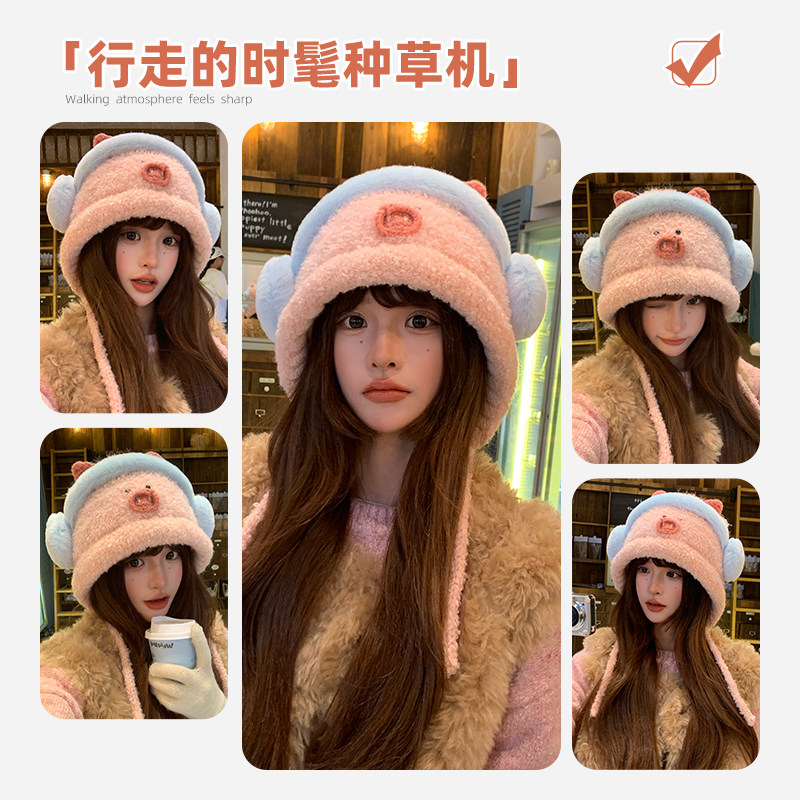 可爱毛绒卡通雪人针织雷锋帽子女冬季大头围保暖毛线帽护耳套头帽,淘宝优惠券,粉丝福利购,淘宝优惠卷