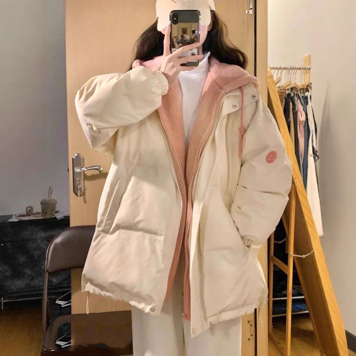 假两件休闲棉服女冬季新款韩系宽松冬装羊羔毛外套女加绒加厚 - 图1