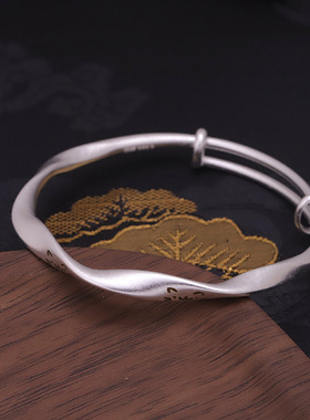 白铜镀银手镯猫银镯子莫比乌斯复古推拉调节实心手镯学生年轻款