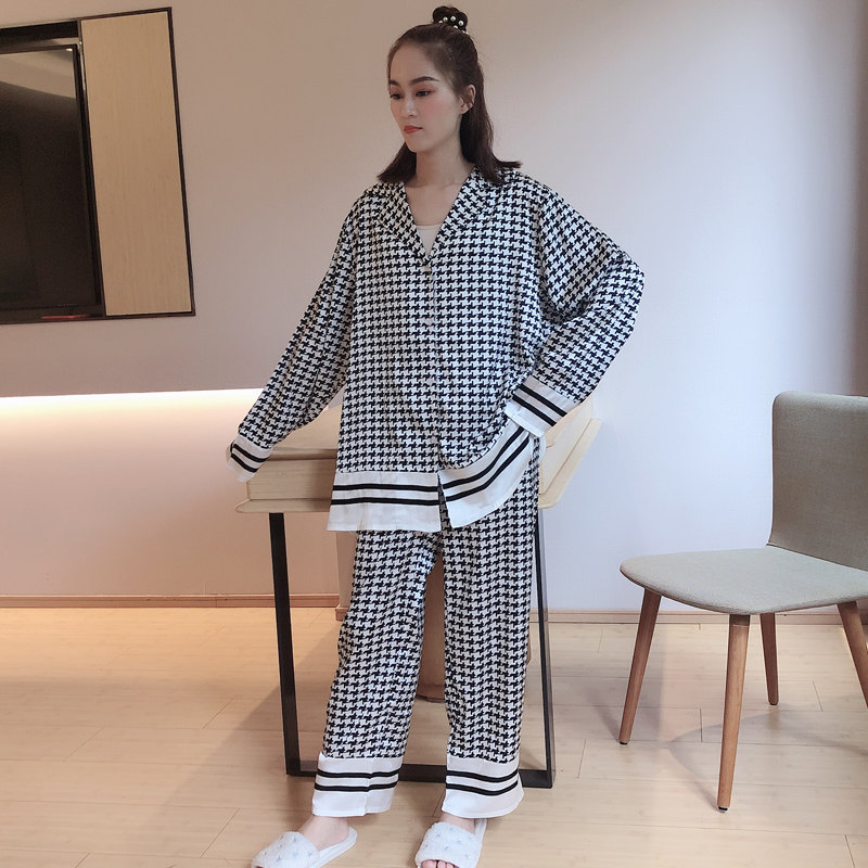 ins潮网红冰丝千鸟格加大码睡衣 贝慕雪睡衣/家居服套装