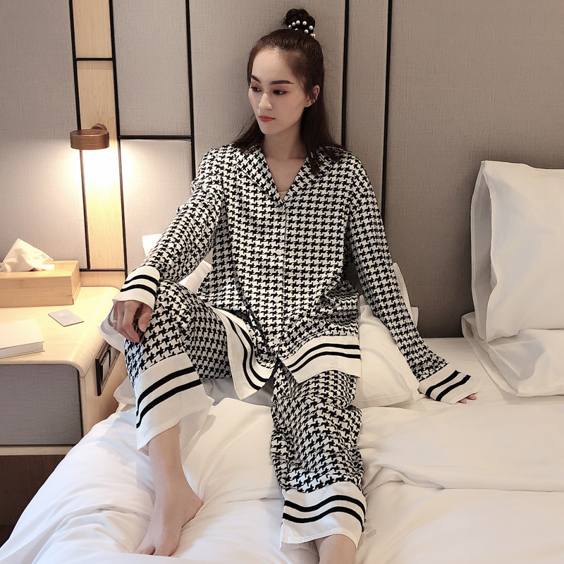 ins潮网红冰丝千鸟格加大码睡衣 贝慕雪睡衣/家居服套装