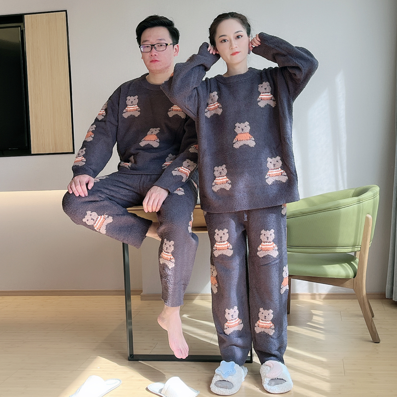 小熊秋冬款女士半边绒加厚睡衣情侣卡通可爱可外穿软绵家居服套装-图2