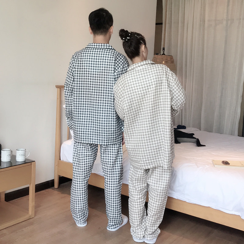 夏季纯棉长袖情侣格子棉纱纱布睡衣 贝慕雪睡衣/家居服套装