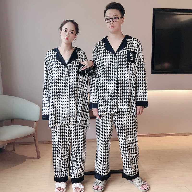 千鸟格ins潮情侣冰丝春秋长袖睡衣 贝慕雪睡衣/家居服套装