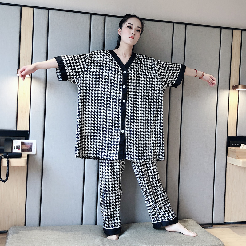 夏季冰丝情侣200斤千鸟格睡裙 贝慕雪睡衣/家居服套装