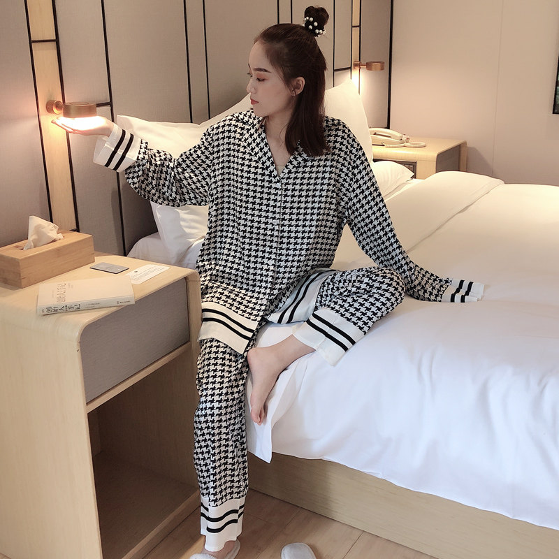 ins潮网红冰丝千鸟格加大码睡衣 贝慕雪睡衣/家居服套装