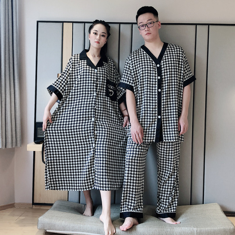 夏季冰丝情侣200斤千鸟格睡裙 贝慕雪睡衣/家居服套装