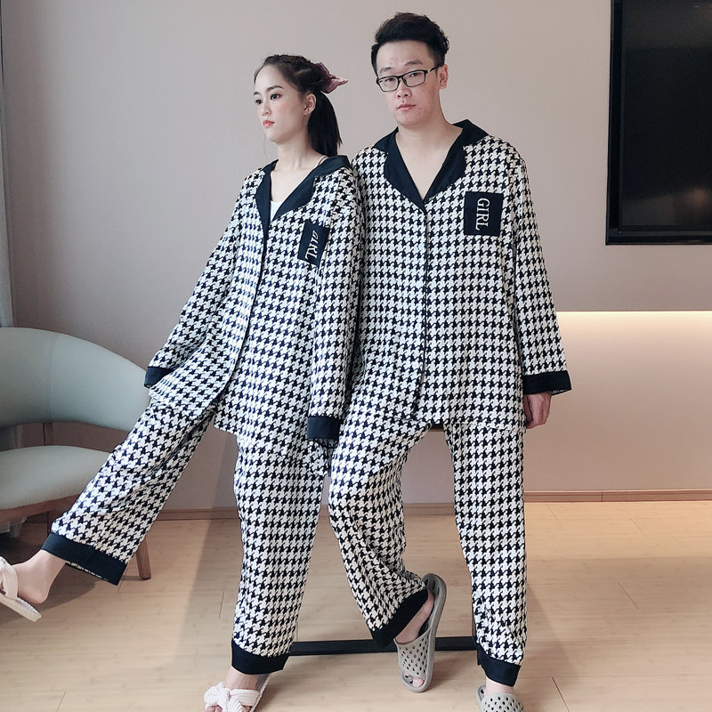 千鸟格ins潮情侣冰丝春秋长袖睡衣 贝慕雪睡衣/家居服套装