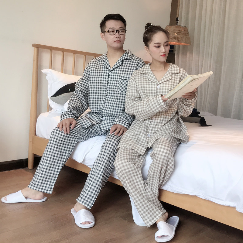 夏季纯棉长袖情侣格子棉纱纱布睡衣 贝慕雪睡衣/家居服套装