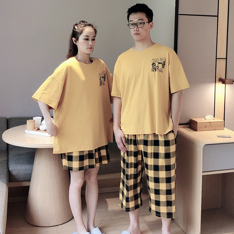 情侣加大码纯棉格子男女薄款睡衣 贝慕雪睡衣/家居服套装