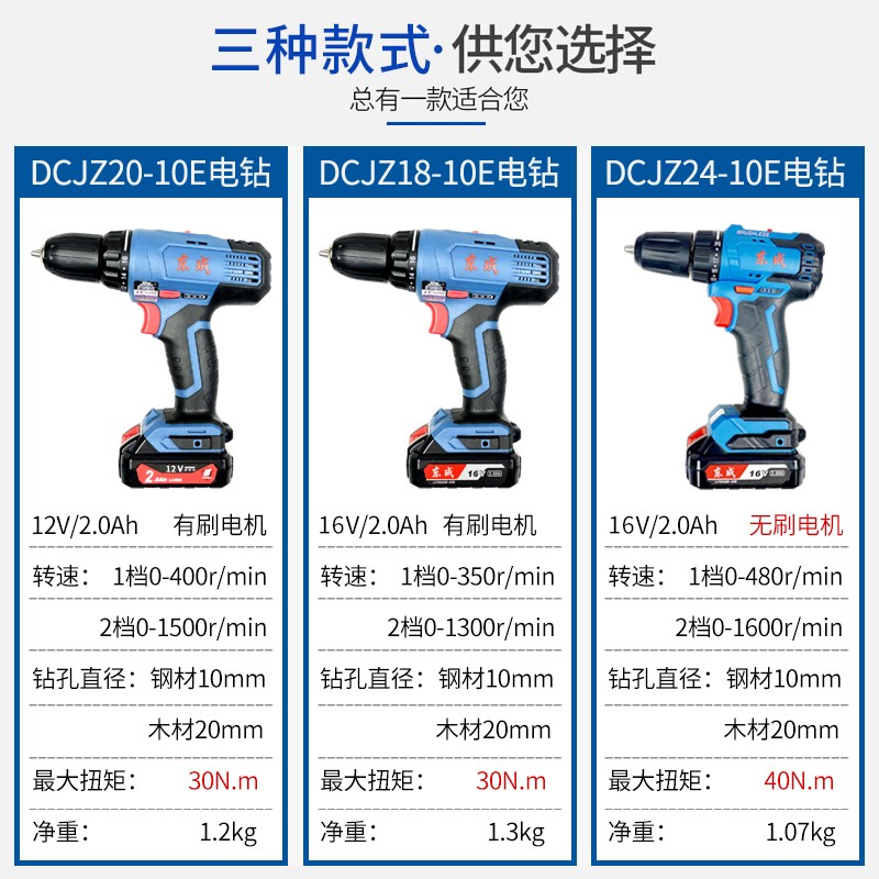 东成无刷充电手钻16V锂电钻DCJZ18-10/24-10手枪钻家用电动螺丝刀