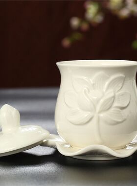 白瓷纯白浮雕莲花杯净水杯家用供奉佛前供水杯佛观音菩萨杯子
