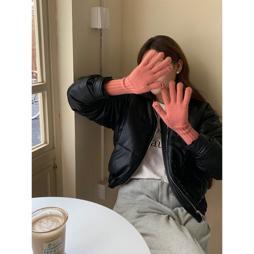 定制款~冬季长款蓝色针织手套女复古五指骑行防寒保暖可触屏手套 - 图2