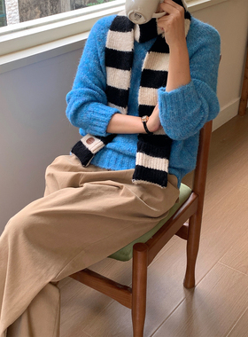 定制款~冬季窄版红白条纹围巾女