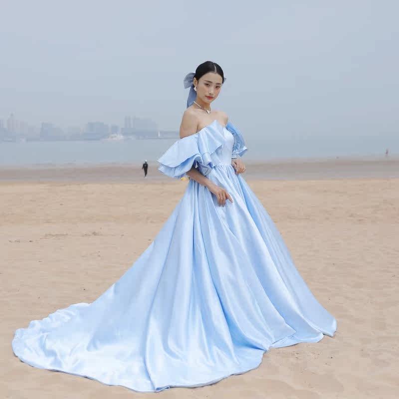 新款拖尾缎面影楼旅拍抹胸森系婚纱 耳夲礼服/晚装