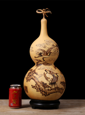 特色手工艺品烙画大葫芦摆件松鹤延年天然有龙头家居风水中国画风