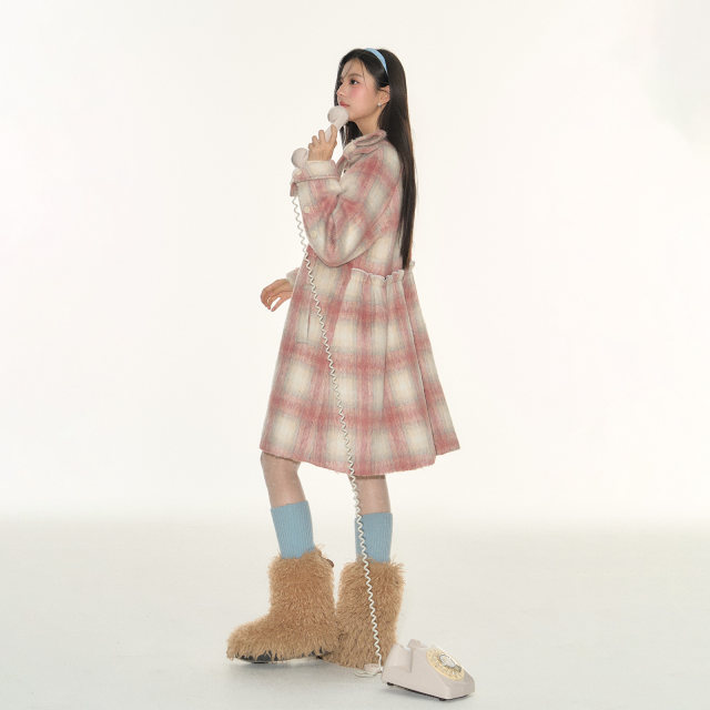 FPMZ蝴蝶结领粉色格子毛呢子中长款外套复古甜美插肩袖廓形大衣