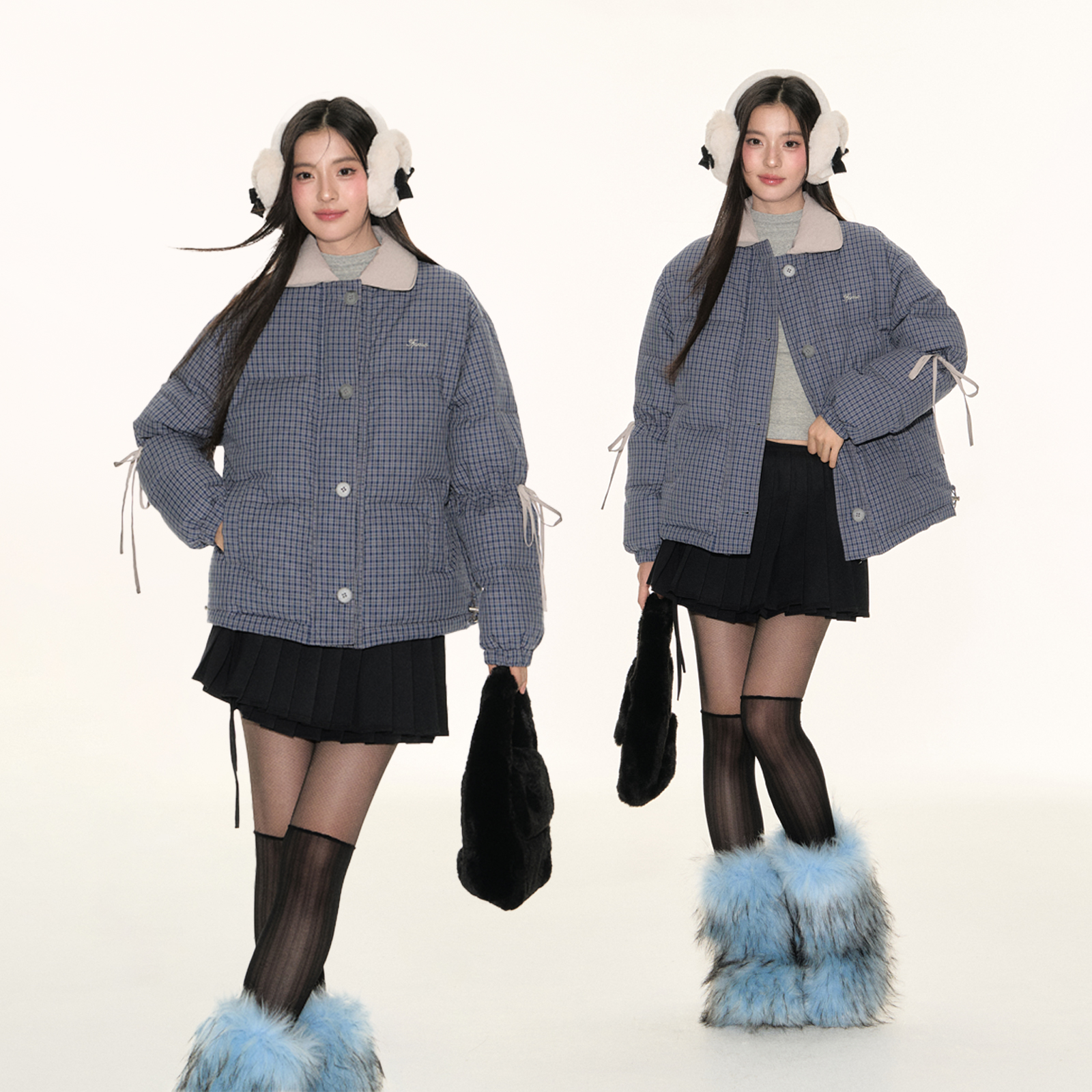 FPMZ撞色翻领小蓝格子90白鸭绒羽绒服袖子抽绳蝴蝶结绑带棉服外套 - 图1