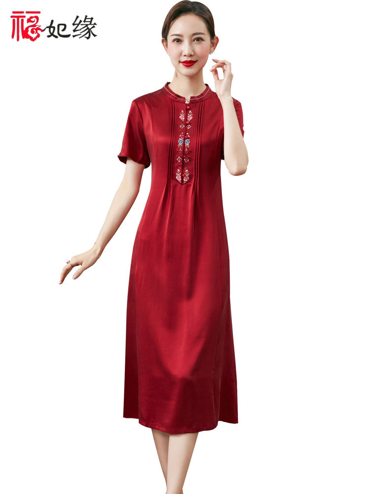 断码促销真丝连衣裙长款2024春季新款红色桑蚕丝纯色年轻款妈妈装