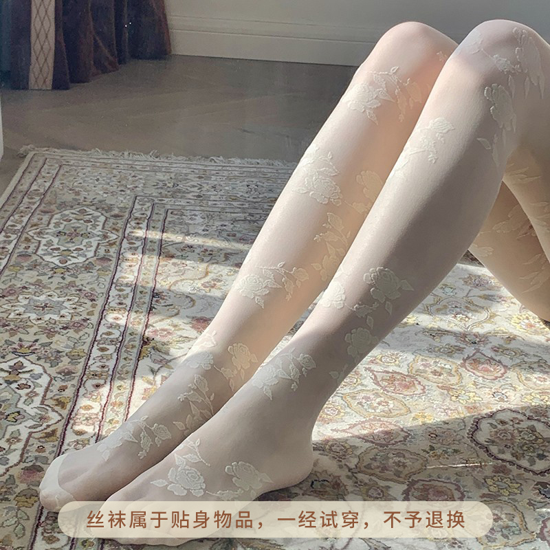 王寒嫣丝袜白色性感纯欲风玫瑰花纹法式复古打底连体袜女春秋薄款 - 图0