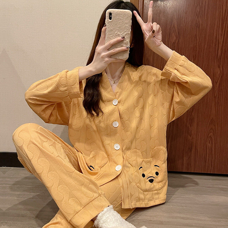 春秋时尚小熊口袋长袖开衫纯棉睡衣 采蝶衣睡衣/家居服套装