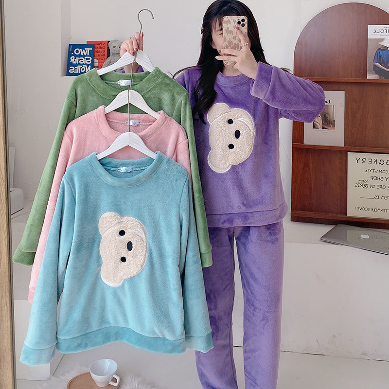 胖mm秋冬季清新可爱居家珊瑚绒睡衣 采蝶衣睡衣/家居服套装