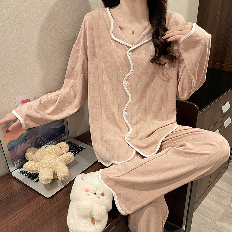 网红纯棉提花春秋学生甜美开衫睡衣 采蝶衣睡衣/家居服套装